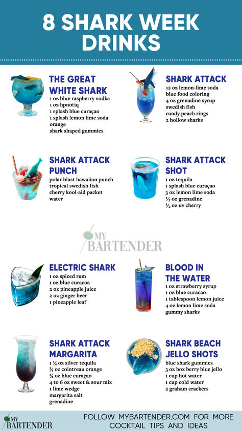 Shark Week Drinks Shark Week Mocktails, Ocean Themed Alcoholic Drinks, Ocean Water Cocktail Recipe, Shark Drinks Alcohol, Under The Sea Alcoholic Drinks, Fun Drinks For Parties, Ocean Drinks Alcohol, Shark Themed Cocktails, Shark Week Breakfast Ideas