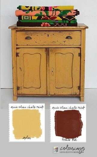 Colourways by Leslie Stocker painted this rustic chipped cabinet using Chalk Paint® by Annie Sloan in Arles, a rich, glowing yellow and Primer Red, a deep, red ochre. The colours work amazing together especially in this two-colour distress and Mexican patterned cloth. Annie Sloan Painted Furniture, Chalk Paint Colors, Annie Sloan Paints, Furniture Rehab, Distressed Furniture, Furniture Finishes, Chalk Paint Furniture, Annie Sloan Chalk Paint, Refurbished Furniture