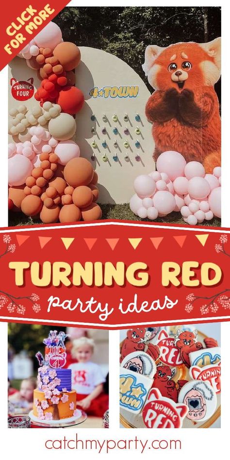 Check out this fantastic Turning Red-themed birthday party! The cookies are a blast! See more party ideas and share yours at CatchMyParty.com Red Panda Themed Birthday Party, Turning Red Centerpiece Ideas, Turning Red Birthday Party Food, Turning Red Theme Party, Turning Red Birthday Party Cake, Turning Red Cookies, Red Panda Birthday Party Ideas, Red Panda Party Ideas, Turning Red Birthday Party Decorations