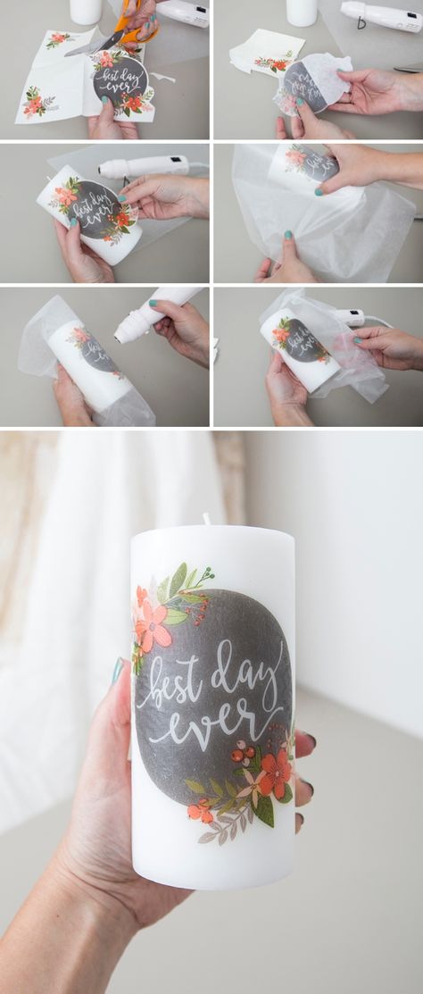 How To Personalize Candles, Personalised Candles Diy, Decorate Pillar Candles, How To Make Pillar Candles, Napkins On Candles, Memorial Candles Diy, Diy Pillar Candles, Decorating Pillar Candles, How To Decorate Candles