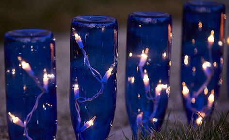 Glass Bottle Garden Ideas, Blue Wine Bottle Crafts, Wine Bottle Outdoor, Best Outdoor Solar Lights, Wine Bottle Garden, Reuse Wine Bottles, How To Make Wine, Lighting Your Garden, Wine Garden