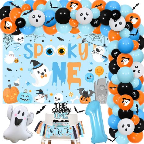 PRICES MAY VARY. Halloween 1st Birthday Party Decorations: You will get 50 x latex balloons(12 inches), 15 x latex balloons(5 inches), 1 Spooky One Backdrop, 1 the spooky one cake topper, 1 one high chair banner, 1 blue number foil balloon, 1 white ghost foil balloon, 12 x bat wall stickers, which can meet all your demands for Halloween spooky one first birthday party Blue and Orange Balloons Garland Kit: The mainly color of the one birthday balloon garland arch kit is blue, orange and black, wh One Spooky Dude Birthday Cake, Halloween Birthday Party For Kids Decor, 1st Birthday Boy Halloween Themes, Baby Halloween Birthday Party, First Halloween Birthday Party Ideas, The Spooky One First Birthday Boy, 1st Birthday Halloween Theme Boy, October First Birthday Boy, Halloween First Birthday Boy