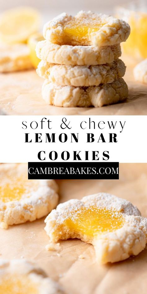 lemon bar cookies on parchment paper. Lemon Stuffed Cookies, Lemon Pie Cookies, Chewy Lemon Bars, Oat Cookies Healthy, Lemon Cream Cheese Cookies, Lemon Curd Cookies, Lemon Bar Cookies, Banana Oat Cookies, Lemon Cookie