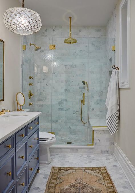 Blue Bath Vanity with Beige and Gold Persian Rug - Transitional - Bathroom Beige And Blue Bathroom, Bathroom Designs India, Small Grey Bathrooms, Bathroom Beige, Grey Bathroom Rugs, Small Bathroom Colors, Mold In Bathroom, Dream Shower, Washroom Design