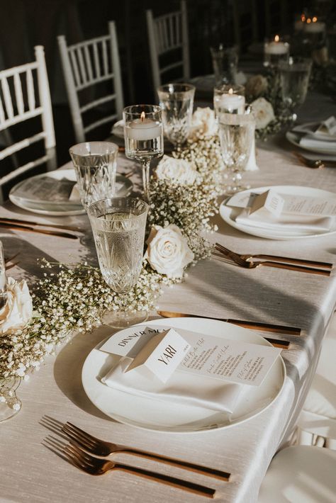 Wedding Long Table Decorations Elegant, White Tablecloth Christmas Table, Wedding Table Decorations Champagne, Dinner Table Place Settings, Micro Wedding Table Setting, Wedding Tent Lighting, Wedding Dinner Table Setting, Wedding Plate Setting, Floral Table Decor