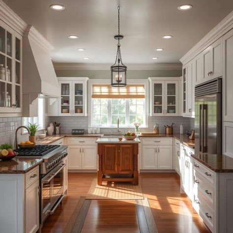 Create a timeless Colonial Revival kitchen with white glass-front cabinets and refined crown molding. #ColonialRevival #ClassicStyle 🏛️ American Colonial Kitchen, Colonial Revival Kitchen, Colonial Style Kitchen, Colonial Revival Interior, Colonial Kitchen, Glass Front Cabinets, Colonial Revival, Style Kitchen, Colonial Style