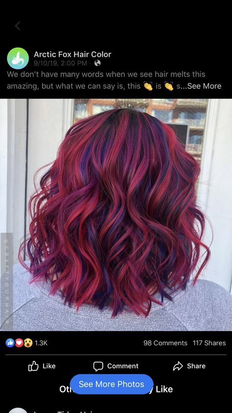 Red Hair With Vivid Highlights, Red And Blue Highlights Hair Color Ideas, Red On Red Highlights, Red Hair With Fun Colors, Red And Blue Highlights In Brown Hair, Purple Hair Red Highlights, Blue Hair With Red Highlights, Dark Red And Blue Hair, Red To Blue Ombre Hair