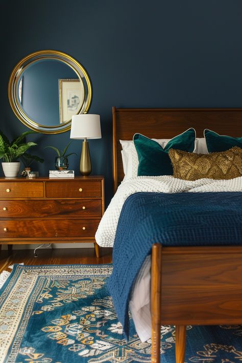 Enhance your bedroom with creative mid-century modern furniture projects that combine functionality and design. 🌿🛠️ Bedroom Decor Mid Century Modern, Bedroom Decor Dark Furniture, Cozy Mid Century Modern Bedroom, Mid Century Style Bedroom, Mid Century Bedroom Furniture, Teal Room, Mid Century Modern Bedroom Furniture, Vintage Apartment Decor, Mid Century Modern Blue