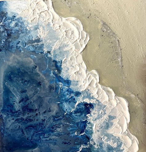 "This textured abstract ocean wave acrylic painting on canvas is full of movement and energy, with bold brushstrokes and layers of texture creating a sense of depth and dimension.. This painting would make a stunning addition to any room, adding a touch of class and sophistication to any space. Titled: Sandy Shore Original heavy textured, abstract acrylic painting on canvas in shades of blues, beige, and whites. SIZE: Stretched Canvas 12\" x 12\" x 1.5\" All my artwork is original, hand painted with Professional grade heavy body acrylic on canvas painting, sealed with a satin varnish.  The painting listed is the actual painting you will receive.  Want to see what the painting would look like in your space? I provide free visualization with any of my paintings in your space. Send me a pictu Sea Texture Painting, Blue Paintings On Canvas, Ocean Painting Acrylic, White Textured Art, Textured Acrylic Painting, Ocean Wave Painting, Ocean Art Painting, Textured Abstract Painting, Painting Texture