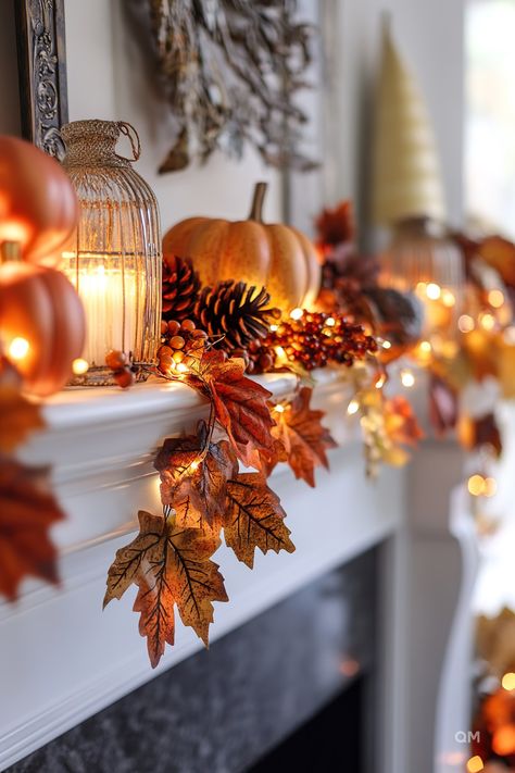 Fall Mantel Decor Ideas with pumpkins, pine cones, fairy lights, and autumn leaves create a cozy, inviting feel for fall season home decor. Fireplace Autumn Decor, Fall Retreat Decorations, Fall Decor Floating Shelves, Fall Crafts For Adults Home Decor, Southern Fall Decor, Rustic Fall Decor Ideas, Decorating With Gourds, Gourd Decorating Ideas, Thanksgiving Ideas Decorating