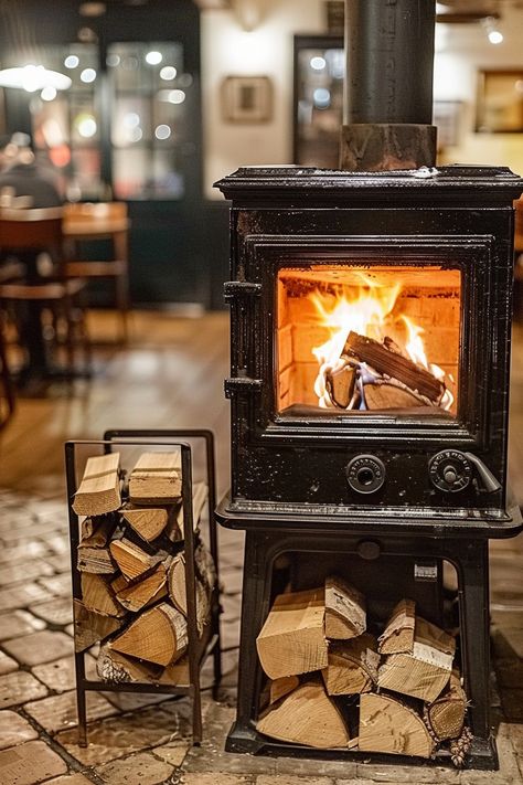 A rustic living room with a cozy log burner and convenient log storage solutions, featuring a warm color palette and inviting ambiance. Log Burner Ideas, Indoor Log Storage, Swedish Fire Log, Wood Burning Furnace, Wood Furnace, Log Storage, Wood Stove Fireplace, Furnace Repair, Wood Fuel