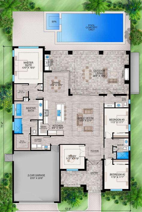 5bedroom House Plans One Floor, Small House With Pool Floor Plans, 3bedroom House Plans Modern Single Floor, House Design One Floor, Dual Master Suite House Plans, Modern Ranch House Plans, 3 Bedroom Home Floor Plans, Dream House Layout, L Shaped House Plans