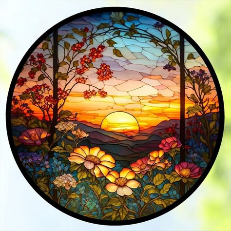 Ncis Funny, Stain Glass Window Art, Sunset Flowers, L'art Du Vitrail, Glass Window Art, Image Nature, Window Cling, زجاج ملون, Round Canvas