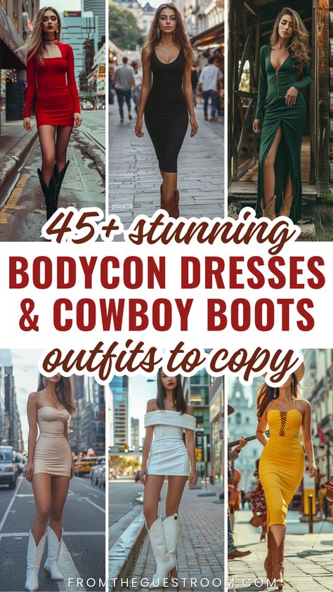 women wear bodycon dresses and cowboy boots, western outfits Evening Gown With Cowboy Boots, Cowgirl Boots Formal Outfit, Talk Western Boots Outfit, Black Satin Dress With Cowboy Boots, Cow Girl Boot Outfits Fall, Red Dress Cowboy Boots Outfit, Outfits With Knee High Cowboy Boots, Bodycon Dress With Cowboy Boots, Long Sleeve Dress With Cowboy Boots