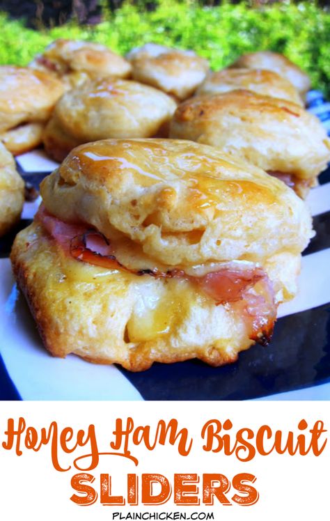 Honey Ham Biscuit Sliders - Football Friday | Plain Chicken® Honey Ham Biscuit Sliders, Biscuit Sliders, Honey Ham Biscuits, Brunch Treats, Refrigerator Biscuits, Lunch Stuff, Dog Muffins, Ham Biscuits, Slider Sandwiches