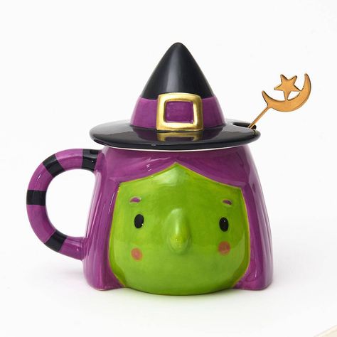 Witch Ceramic Lidded Mug | Paper Source Halloween Pottery Ideas, Autumn Pottery, Halloween Dinnerware, Tiny Room, Pottery Inspo, Cute Witch, Halloween 1, Coffee Pots, Cute House