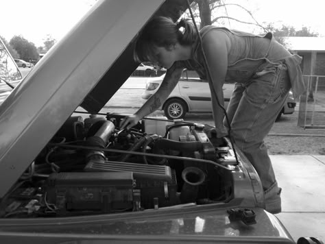 Ran your own mechanic shop for 11 years, taught me how a combustion engine worked before I was 7. Gentleman, you should be a little afraid of this lady, she is smarter than you. Car Mechanic Aesthetic, Gaby Teller, Mechanic Aesthetic, Mercy Thompson, Mechanics Aesthetic, Descendants Oc, Car Mechanics, Woman Mechanic, Girl Mechanics