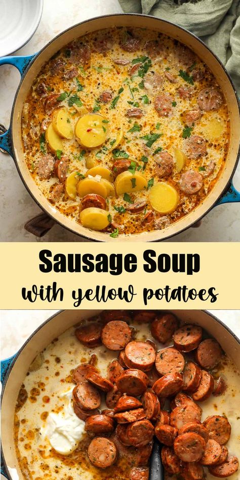 Sausage soup with Yellow Potatoes is a robust and flavorful dish, combining savory sausage and tender potatoes with a rich broth. This hearty dish will satisfy the biggest eaters! Crockpot Potato Sausage Soup, Beef Sausage And Potatoes, Potato And Smoked Sausage Soup, Roast Beef Vegetable Soup, Meat And Potato Meals, Potato And Sausage Recipes, Beef Smoked Sausage Recipe, Sausage Potato Skillet, Sausage Recipes Potatoes