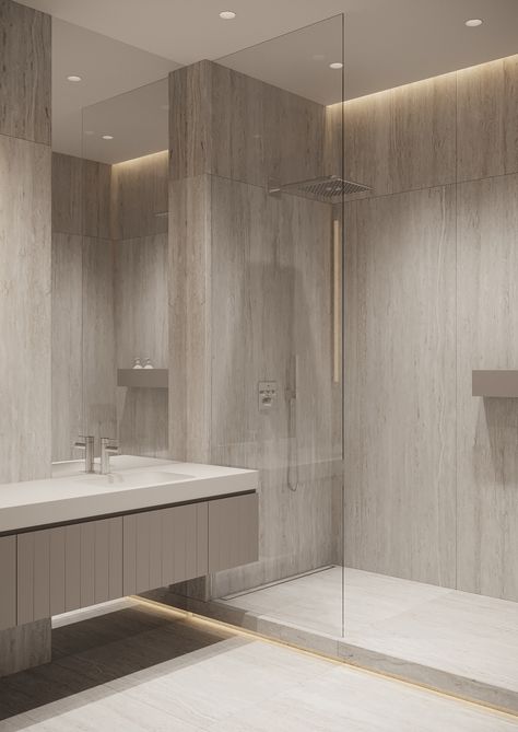 Travertine Tiles Bathroom, Travertino Bathroom Design, Modern Travertine Bathroom, Travertine Wall Interior, Travertine Bathroom Modern, Travertine Bedroom, Poolhouse Bathrooms, Bathroom With Chrome Fixtures, Travertine Interior