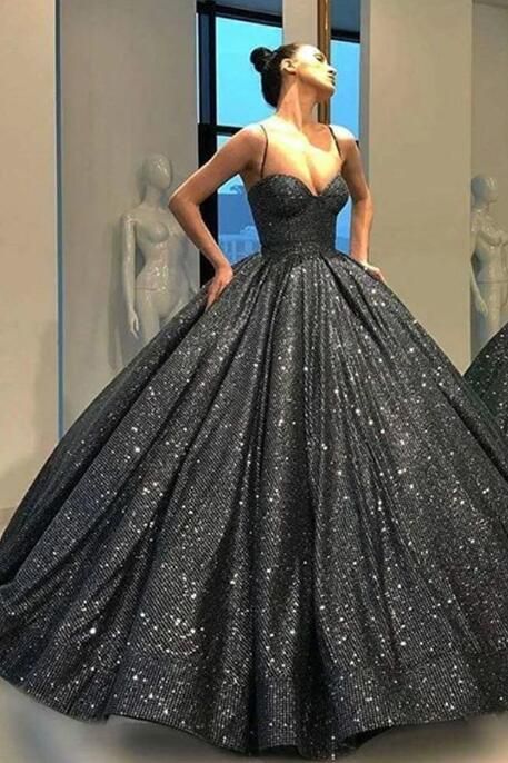 a424ed4bd3a7d6aea720b86d4a360f75desc48827821ri Black Sparkly Prom Dresses, Black Sparkly Prom Dress, A Line Ball Gown, Prom Dress A Line, Sequin Ball Gown, Sparkly Prom Dress, Robes D'occasion, Sparkly Prom Dresses, Spaghetti Strap Prom Dress