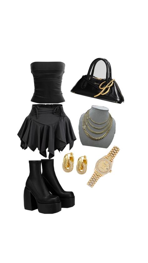 Edgy and bold, a mix of glam and grunge ideal for a night out or a party. Black Strapless Top, Layered Mini Skirt, Black Platform Boots, Black Handbag, Black Platform, Chunky Boots, Platform Boots, Gold Hoop, Black Handbags