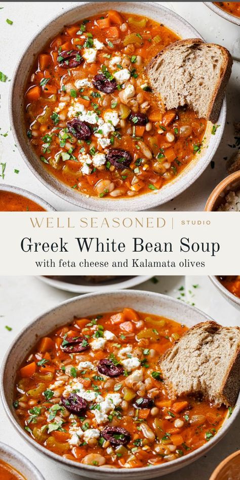 Greek White Bean Soup with Feta White Bean Crockpot Soup, Soup With Feta Cheese, Fasolia Recipe Greek, Serbian Bean Soup, Meditterean Soup Recipes, Soup With Beans Recipes, Fasolada Soup Greece, Fasolatha Soup, Healthy Bean Soup Recipes