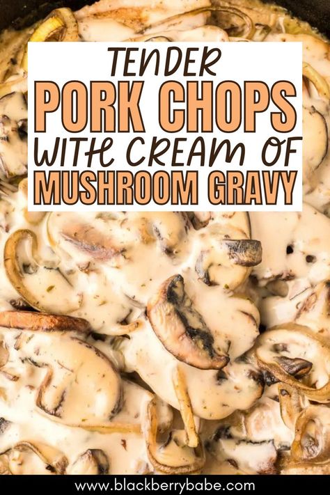 This boneless pork chops recipe is super simple! It uses real mushrooms and Cream of Mushroom soup to make a delicious, savory gravy. Mushroom Gravy For Pork Chops, Pork Tenderloin Mushroom Recipes, Mushroom Soup Pork Chops Crock Pot, Pork Chops Cream Of Mushroom Soup, Pork Loin Cream Of Mushroom, Cream Of Mushroom Pork Chops Baked, Mushroom Pork Chops Crockpot, Tender Boneless Pork Chop Recipes, Boneless Pork Chop Recipes Crockpot