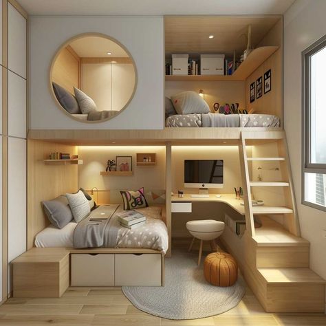 3+ Clever Design Hacks for Small Children's Rooms • 333+ Inspiring Lifestyle Ideas Podium Bed Small Spaces, 3 Beds In One Room Ideas Small Spaces, Kids Room Space Saving Ideas, Tiny Childrens Bedroom, Tiny Bedroom For Two, Bunk Beds Small Room Space Saving, Small Kids Shared Bedroom Ideas, Bunk Bed For Small Room, 2 Bunk Beds In One Room