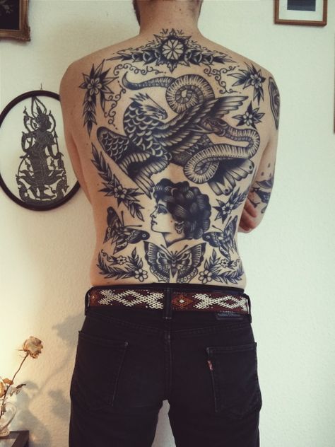 Old School Back Piece Tattoo, Traditional Eagle Back Tattoo, Traditional Tattoo On Shoulder, Trad Backpiece Tattoo, Traditional Backpiece Tattoo, Traditional Backpiece, Traditional Back Piece Tattoo, American Traditional Back Tattoo, American Traditional Back Piece