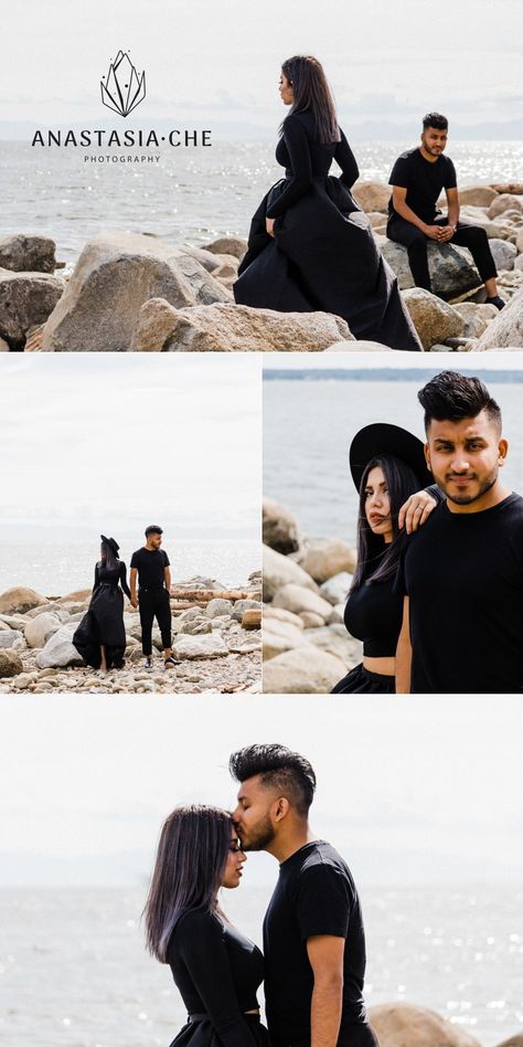 We chose beach for this beautiful couple to achieve almost monochromatic, black and white look. Filza and Sameed realized it represents their couple the best - they almost never wear color, and prefer more edgy, black and white looks. Everyone was absolutely in love with the result! #edgy #prewedding #engagement #blackandwhite #beach Black Outfit Couple Photoshoot, Vancouver Photoshoot, Edgy Photoshoot, Prewedding Poses, Monochromatic Black And White, Black And White Wedding Theme, Pre Wedding Photoshoot Outfit, Photoshoot Outdoor, Pre Wedding Photoshoot Outdoor