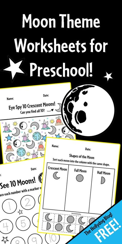 Check out these awesome moon theme printable worksheets for preschool! Print you 10-pack for free! Learn all about the moon! Moon Theme | Moon Worksheets | Moon Activities for Preschool | Space Theme Worksheets | Space Activities for Kids Moon Activities For Preschool, Preschool Space Theme, Moon Lessons, Moon Phases Activities, Moon For Kids, April Preschool, Moon Activities, Space Activities For Kids, Space Preschool