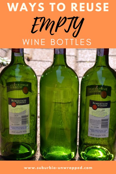 Don't throw out empty wine bottles! These DIY wine bottle crafts and other creative ways to reuse wine bottles will help you reduce your carbon footprint and save money. Why buy new when you can reuse a glass bottle from home instead? #frugallivingtips #winebottlecrafts #houseandhome #homemakingtips #upcycling #EarthDayIdeas Green Bottle Crafts, Olive Oil Bottle Repurpose, Large Wine Bottle Crafts, Recycle Wine Bottles Ideas, Old Wine Bottle Ideas, Decorating With Wine Bottles, Empty Wine Bottle Crafts, Diy Wine Bottle Crafts, Upcycled Wine Bottles