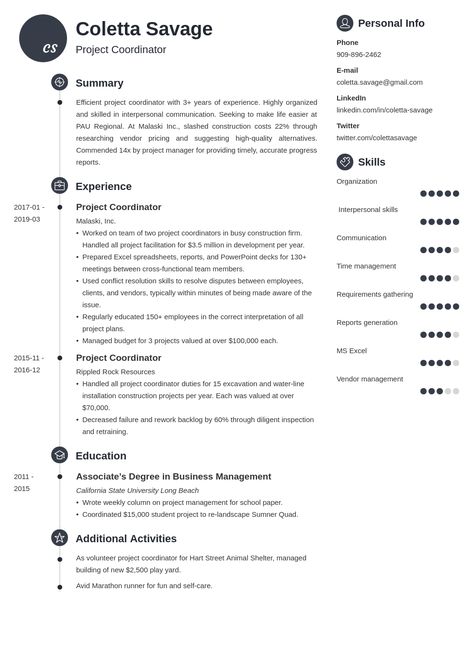 Project Coordinator Resume Sample (with Examples of Skills) #resumetemplate #resumedesign #resumeexamples #resumetips #resumeexamplesforjobs #resume #resumelayout #resumewriting #resumeformat #perfectresume #bestresume Server Resume, Director Resume, Resume Summary Examples, Medical Assistant Resume, Teacher Resume Examples, Sales Resume, Manufacturing Engineering, Radiology Technologist, Resume Layout