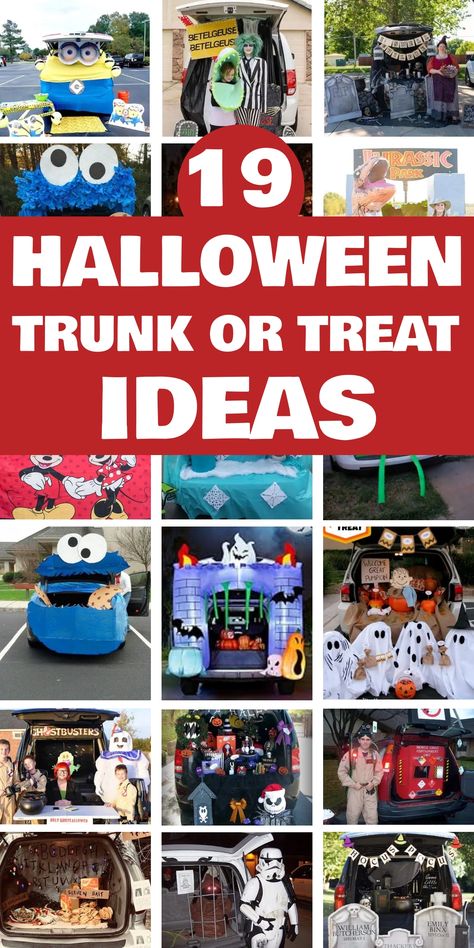 19 Halloween trunk or treat ideas displayed with themed car trunks decorated in various creative ways. Suv Halloween Decorations, Trunk Or Treat Ideas With Bats, Motorcycle Trunk Or Treat Ideas, Award Winning Trunk Or Treat Ideas, Unique Trunk Or Treat Ideas For Cars, Themes For Trunk Or Treat, Trunk Or Treat Medical Theme, Ideas For Trunk Or Treat Decorating, Suv Trunk Or Treat Ideas