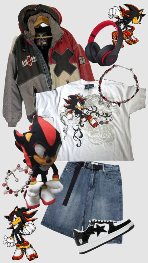 shadow drip #shadowthehedgehog #sonic #sonicthehedgehog #y2koutfit #outfitinspo #jorts #baggy #cute Jorts Baggy, Peony Aesthetic, Silly Clothes, Fashion Kawaii, Street Outfits, Girl Fashion Style, Aesthetic Streetwear, Baggy Clothes, Funky Outfits