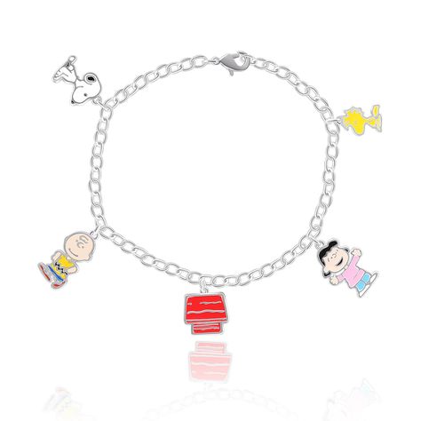 PRICES MAY VARY. Officially Licensed Peanuts Bracelet: A cute charm bracelet for fans of Snoopy and Charles M. Schulz Peanuts. Silver charm bracelet boasts colorful enamel-plated charms of Woodstock, Snoopy, Charlie Brown, Lucy, and Snoopy's red dog house. Silver Plated: Crafted from silver-plated brass with 5 enamel-plated charms. Charm Bracelet: Peanuts bracelet has a secure lobster clasp closure. Ready for Gift Giving: Delivered in a Peanuts gift box, this authentic Snoopy jewelry is an ideal Snoopy Jewelry, Peanuts Charm, Snoopy Gifts, Snoopy And Friends, Woodstock Snoopy, Italian Bracelet, Gift Bracelet, Friend Bracelets, Silver Plated Bracelet