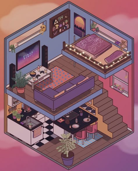 Room Design Aesthetic, Isometric Rooms, Integers Worksheet, Isometric Room, Mind Art, Warm Color Schemes, Room Drawing, Bedroom Drawing, Persona Anime