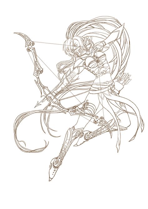 Steampunk archer on Behance Bow And Arrow Character Design, Man Holding Bow And Arrow Drawing Reference, Anime Bow Pose, Archer Design Character, Person With Bow And Arrow Reference, Archer Drawing Reference, Archer Poses Drawing, Female Archer Tattoo, Steampunk Drawing Characters