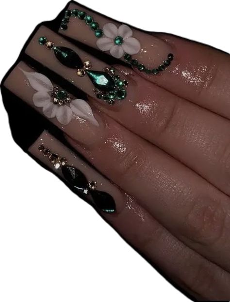 Green Gem Nails, Xv Nails, Quince Nails, Emerald Nails, Dark Green Nails, Green Gem, Nail Idea, Gem Nails, Green Gems