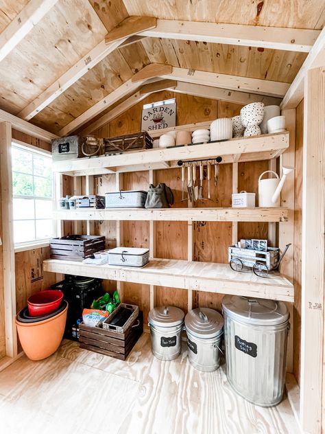 Potting Shed Reveal Potting Shed Shelving Ideas, Garden Shed Interiors Inspiration, Creative Shed Ideas, Garden Shed Flooring Ideas, Shed Remodel Interior, Tiny Garden Shed, Potting Shed Interior Ideas, Shed Makeover Interior, Potting Sheds Exterior