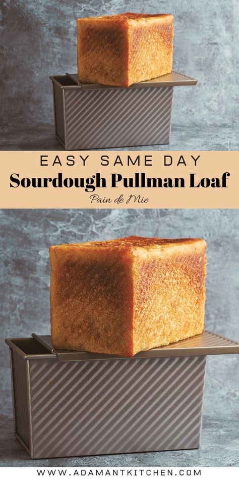 Sourdough bread is absolutely delicious, but making a crusty loaf with sourdough can be a bit tricky.  This simple sourdough sandwich bread is MUCH easier, and it allows you to turn an everyday sandwich into something extraordinary.  A pullman loaf pan is a square pan (with a lid) that allows you to bake a perfectly shaped loaf every time (without the complicated shaping steps involved in most sourdough baking). Pullman Bread Pan Recipes, How To Use A Pullman Pan, Easy Fool Proof Sourdough Loaf Bread, Pullman Loaf Pan Sourdough, Sourdough Sandwich Bread Pullman Pan, Sourdough Sandwich Bread Pullman, Sourdough Pullman Loaf Pan Recipes, Pullman Pan Bread Recipe, Sourdough Mini Loaf