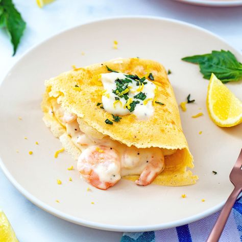 Shrimp Crepes Recipe - We are not Martha Shrimp Crepes, Seafood Crepes Recipe, Recipes For Shrimp, Crepe Sale, Dinner Crepes, Crepe Recipe Savory, Stuffed Crepes, Homemade Crepes, Easy Crepe Recipe