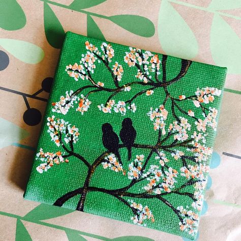 Custom order for an anniversary gift! #MDC #valentinesday #valentinesgift #lovebirds #cherryblossom #giftsforher #tinypainting #acrylicpainting #canvaspainting #gallerywrap #wallhanging #walldecor #shelfdecor #nookdecor Painting Gifts For Wedding, Green Mini Paintings, Canvas Green Painting, Diy Green Painting, Green Simple Painting, Tiny Acrylic Painting Mini Canvas, Easy Green Painting Ideas, Wedding Gift Painting Ideas, Simple Love Painting