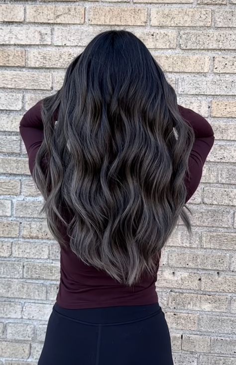 Black And Ash Balayage, Dark Ashy Brunette Hair, Smoky Black Hair, Dimension In Black Hair, Dark Espresso Balayage, Ombre Highlights For Black Hair, Mushroom Balayage On Black Hair, Rich Ashy Brown Hair, Black Hair Ashy Balayage