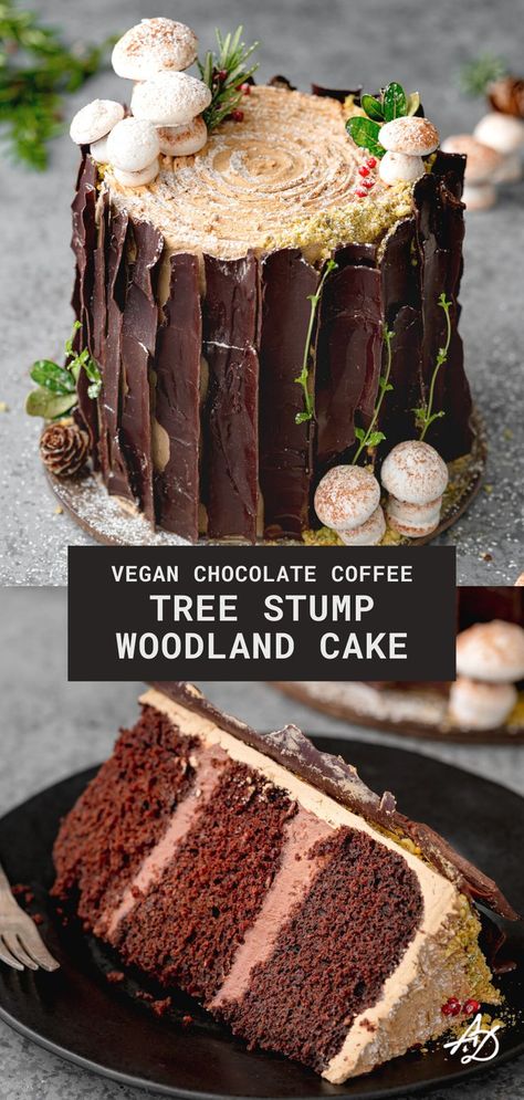 chocolate tree stump cake with chocolate bark and mushroom meringues. Chocolate Bark Cake, Coffee Meringue, Meringue Mushrooms, Tree Stump Cake, Mushroom Cake, Chocolate Tree, Woodland Cake, Vegan Cake Recipes, Chocolate Sponge