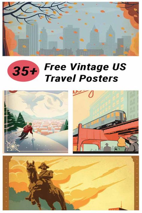 35+ Free Vintage US Travel Poster Printable Images Free Printable Wall Art Vintage, Free Gallery Wall Printables, Poster Gallery Wall, Poster Sport, Travel Printables, Gfx Design, Free Vintage Printables, Free Printable Wall Art, Free Printable Art