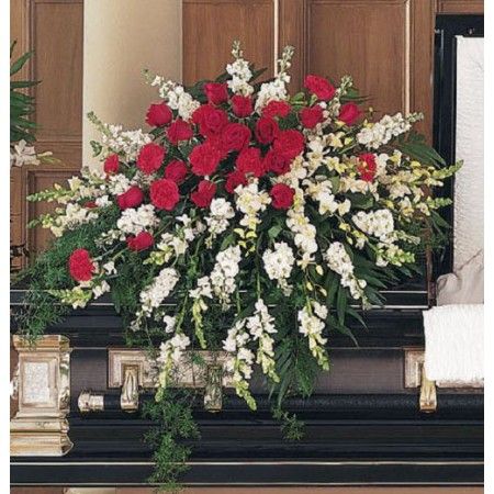 Cherished Moments Casket spray of red and white flowers White Casket, Casket Spray, Casket Flowers, Casket Sprays, Red And White Flowers, Memorial Flowers, Cemetery Flowers, Order Flowers Online, Sympathy Flowers