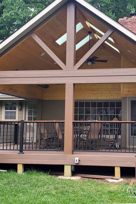 gable roof porch design Kansas City area Deck Metal Roof, Freestanding Covered Deck, Deck Gable Roof Ideas, How To Build Roof Over Deck, Screened In Deck Addition, Adding A Roof To A Deck, Gabled Roof Over Deck, Gable Screened In Porch, Gable Covered Deck