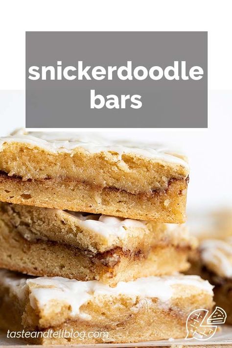 These Snickerdoodle Bars have two homemade layers with a cinnamon sugar layer in between. They taste like your favorite snickerdoodle cookies in bar form! Finish them off with a simple glaze for that extra touch. #cookiebar #dessert #snickerdoodle #cinnamon Easy Bars, Snickerdoodle Bars, Powdered Sugar Icing, Taste And Tell, Snickerdoodle Cookies, Sugar Icing, Cookie Bar Recipes, Crispy Treats, Brownie Bar