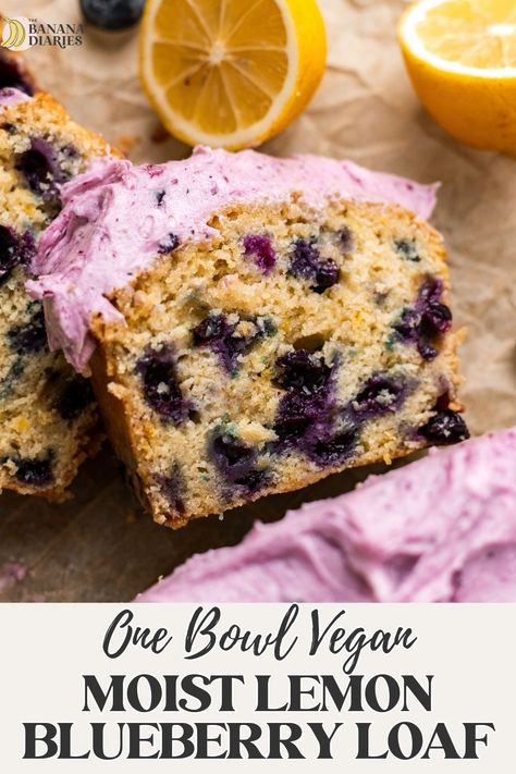 MOIST One Bowl Vegan Lemon Blueberry Loaf Recipe - No eggs! | The Banana Diaries Vegan Lemon Blueberry Cake, Vegan Blueberry Cake, Blueberry Loaf Recipe, Dairy Free Greek Yogurt, Healthy Pie, Banana Diaries, Gluten Free Vegan Recipes Desserts, Blueberry Frosting, Vegan Dessert Bars